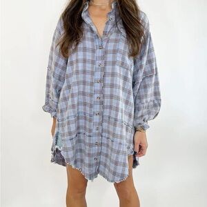 Casual Blue Plaid Tunic Top